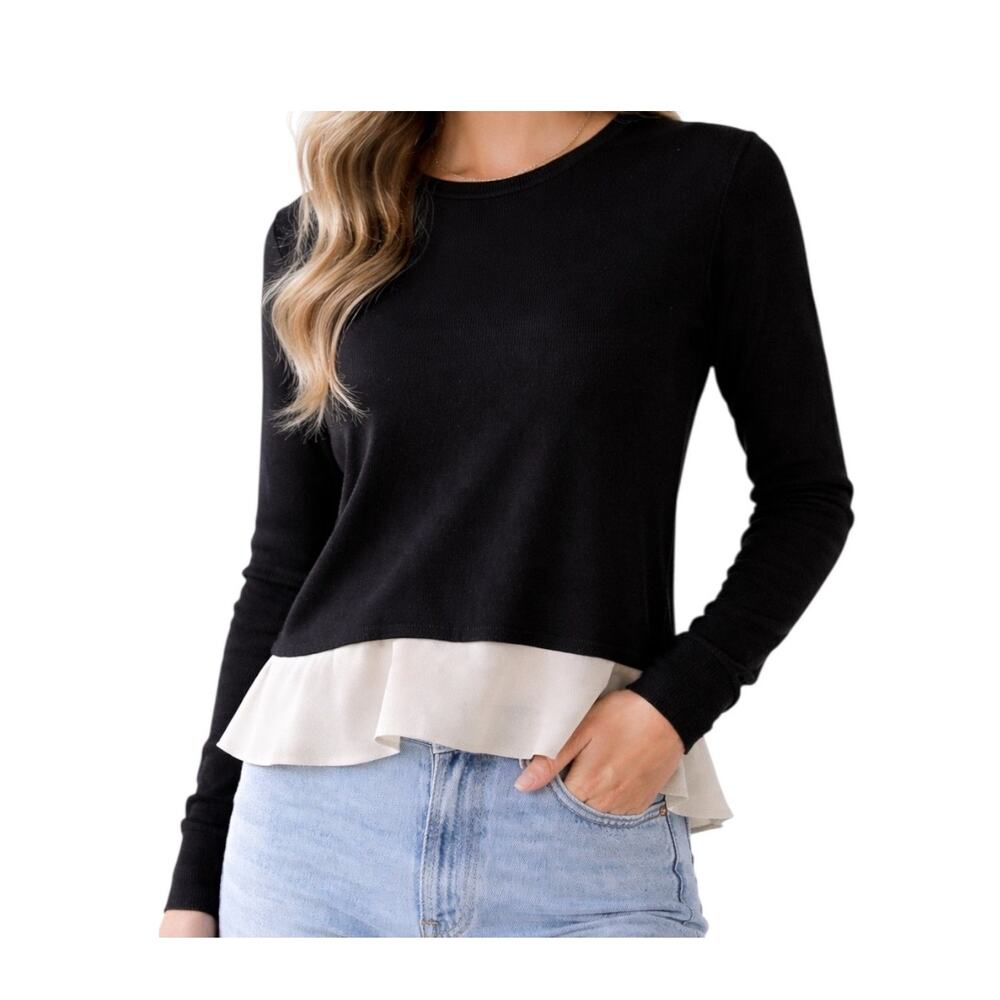 Central Park West Black Layered Sweater Silk Chiffon Hem Small